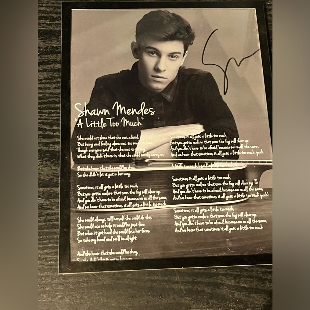 Rare framed Shawn Mendes Signed picture “A Little To Much” Lyric poster 8 X 10